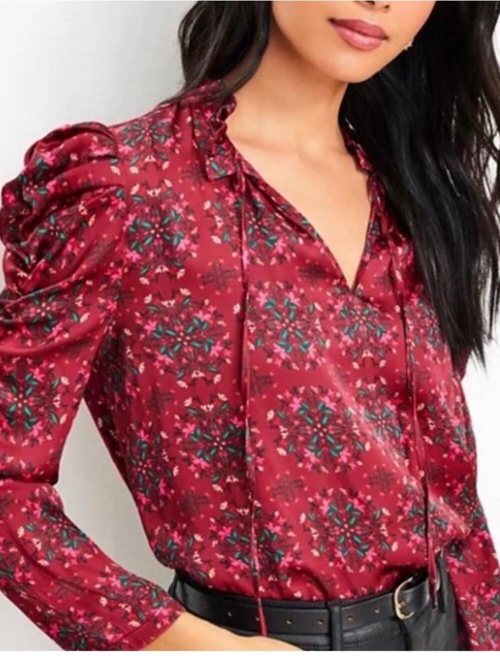 Loft Burgundy Whimsical Printed Cinched Puff Sleeve Mixed Media V-Neck Blouse M